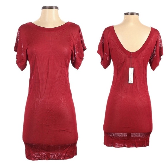 Shopbop Bob Basics Red Sheer Short Sleeve Mini Bodycon Stretchy Dress Size XS - Picture 1 of 9